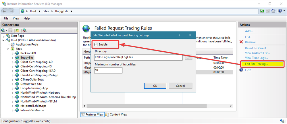 Enable from site level, customize location or maximum number of trace logs collected. Don’t forget to disable