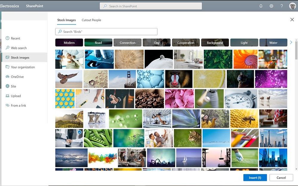Enhance your internal communications with stock images for SharePoint pages and news.