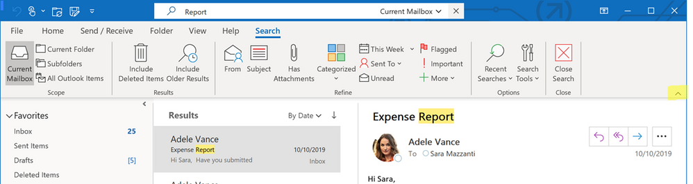 Search at the top of Outlook with the classic ribbon options