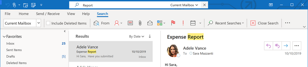 Search in Outlook is closer to results with the Simplified Ribbon
