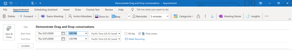 Drag and drop an email conversation and choose the Teams Meeting option