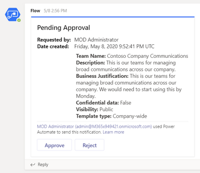 Figure 8 Adaptive card targeted to approver's channel