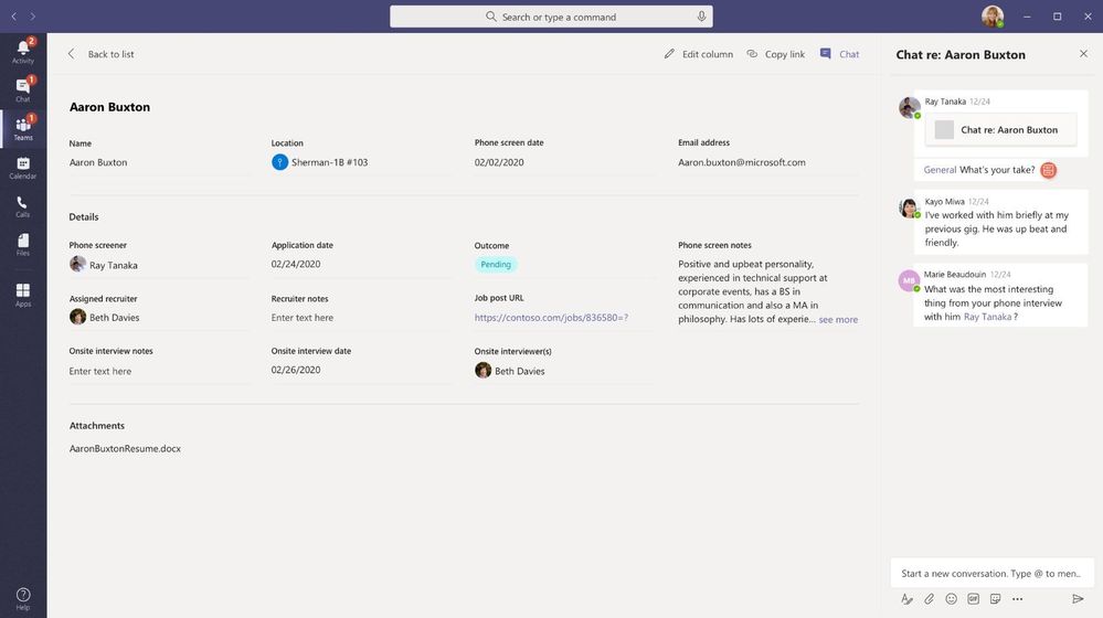 Viewing an individual list item inside of Microsoft Teams alongside chat.