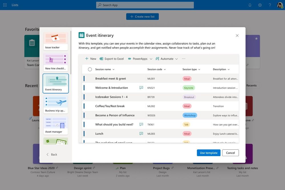 Get started quickly with ready-to-use list templates – above shows the “Event itinerary” template.