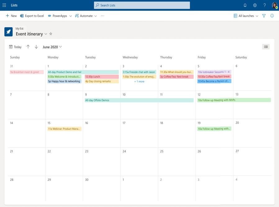 A list in calendar view – showcasing any item with a date associated to it.