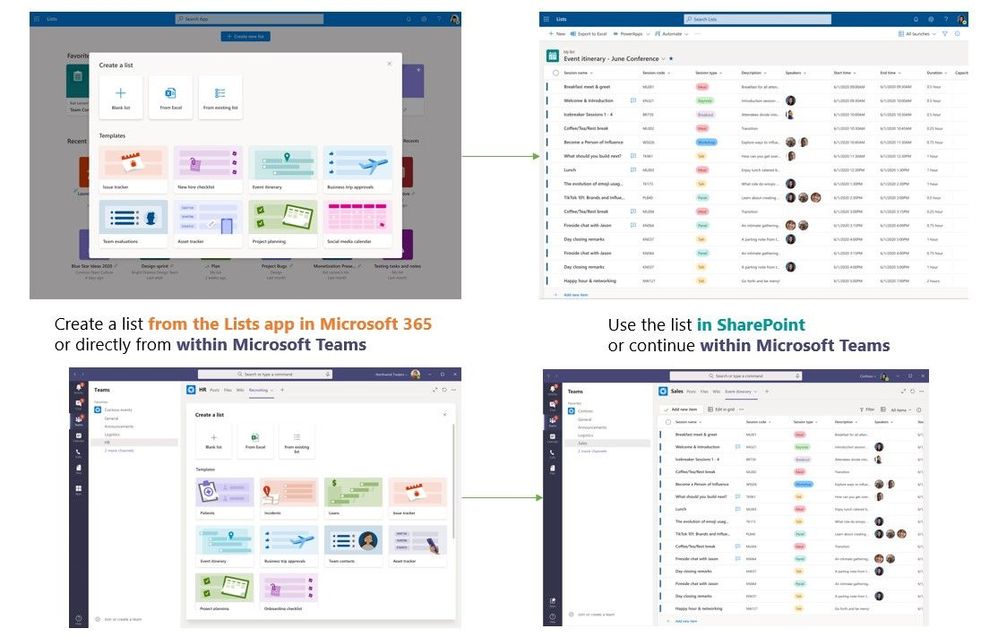 Create a list from the Lists home page in Microsoft 365 (top left) or from within Microsoft Teams (bottom left). Use the list across team members in SharePoint (top right) or continue in Microsoft Teams (bottom right).