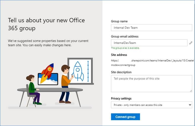 Sharepoint team site created from Microsoft Teams to prefix 