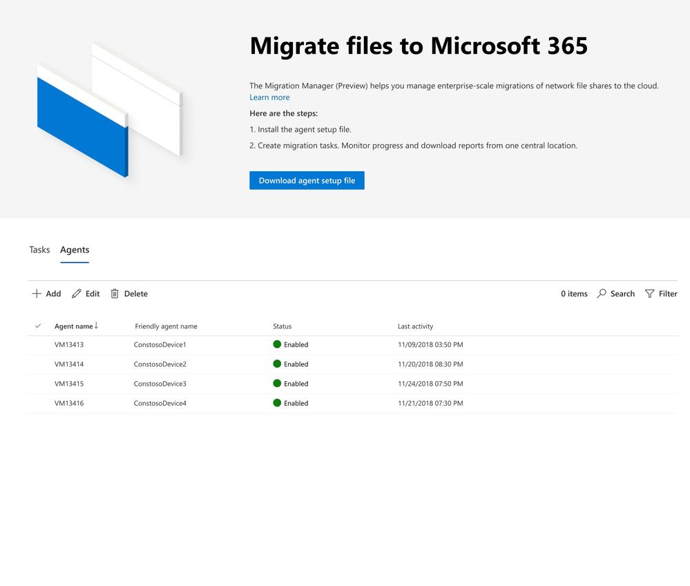 SharePoint admin center - Migration manager, showing scale across clients.