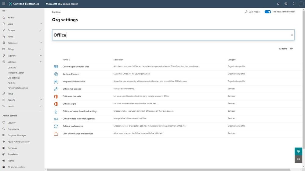 Use Search in the Microsoft 365 admin center to search across all Org settings