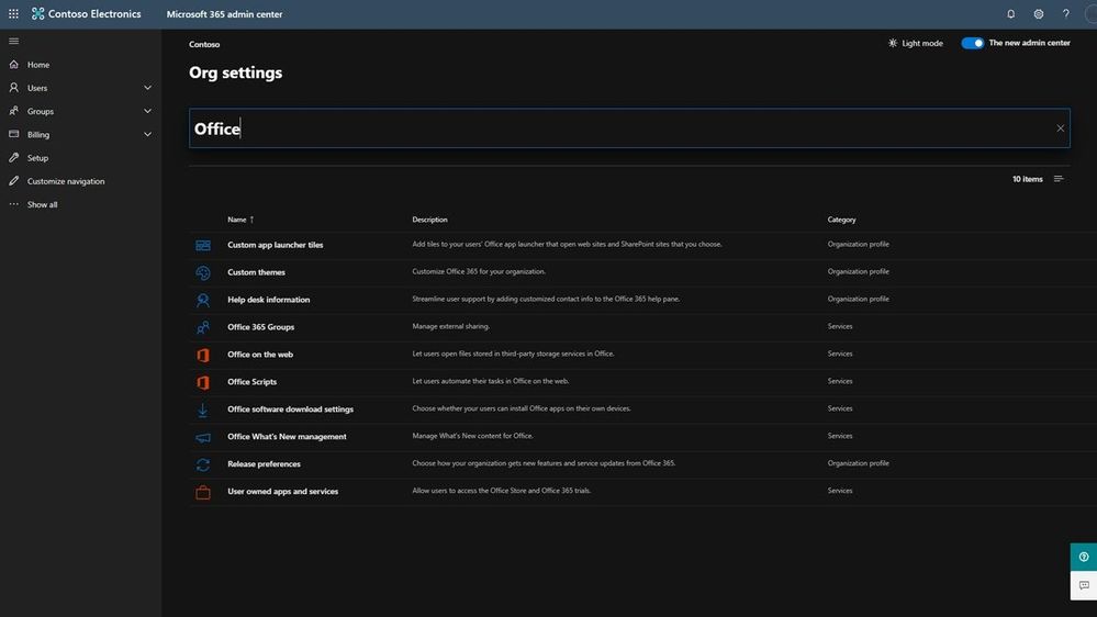 Using Search in Org settings in Dark mode