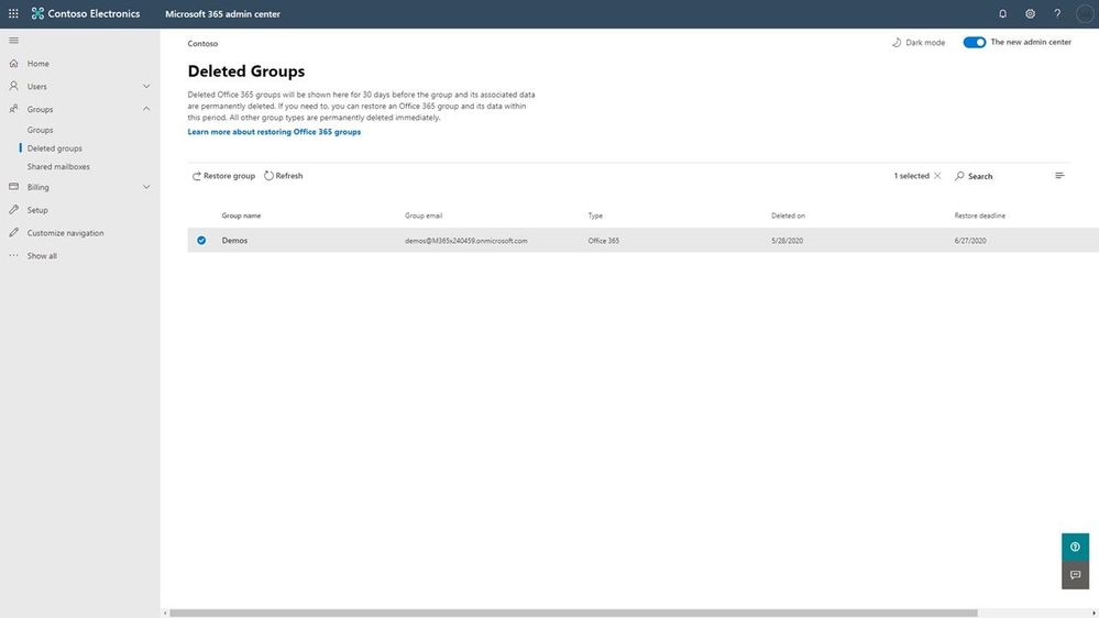 Easily restore deleted groups using the Microsoft 365 admin center