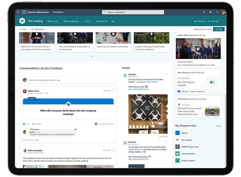 The Yammer Conversations web part, shown here on a SharePoint home site, enables two-way employee engagement across your intelligent intranet.
