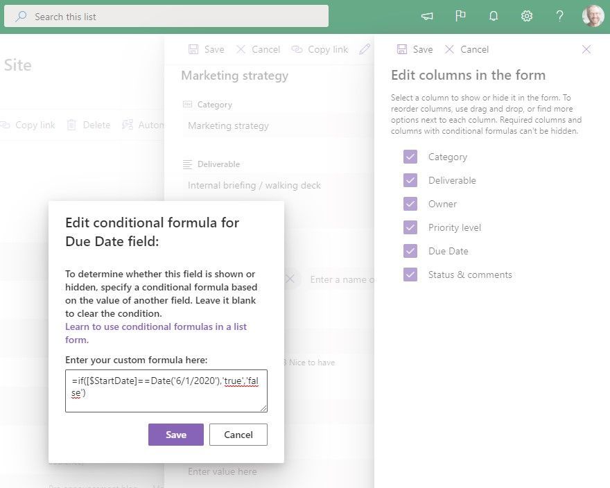 You can show or hide columns in a list form based on another column's value by specifying a formula that are equations performing conditional checks on values in a SharePoint list or library.