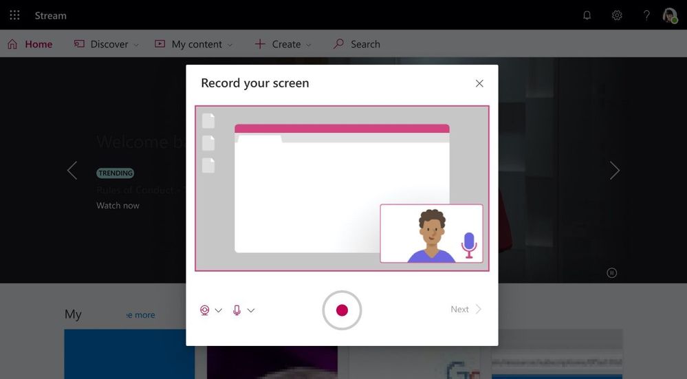 Using Microsoft Stream, you can create short screen recordings of up to 15 minutes, including your camera and microphone, without any additional software.