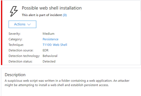 Example EDR alert for web shell installation in the MDATP Security Center.