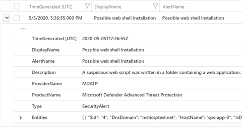 Example of an MDATP alert in Azure Sentinel.