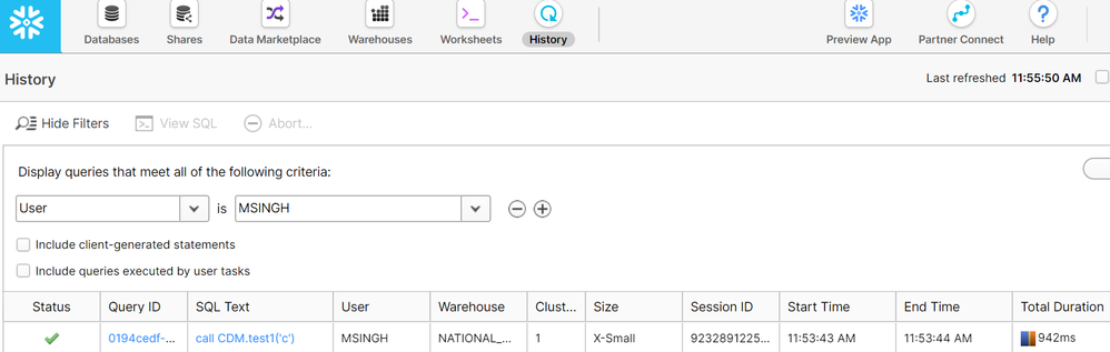 Query log at Snowflake level