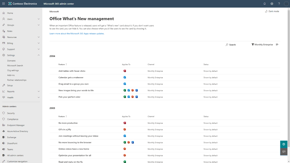 Office What's New management - filtered view