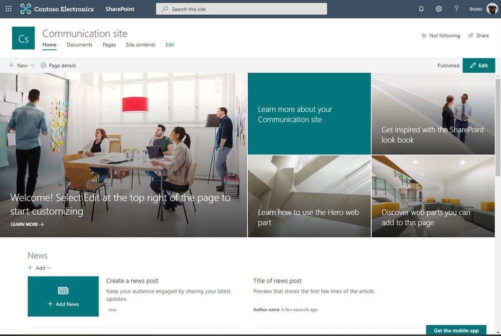 SharePoint communication site with the new Teal site theme.