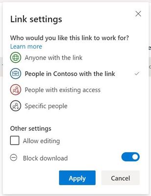 Select Block download when adjusting sharing settings, now on Office files, PDFs, images and audio files.