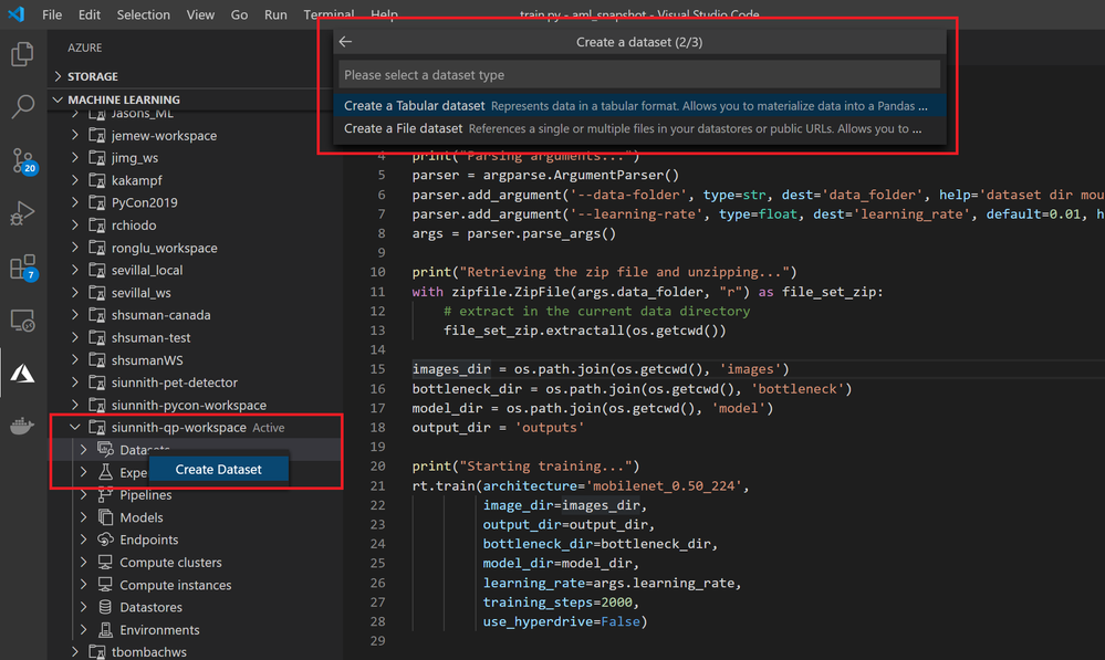 Create a Tabular or File Dataset via the extension tree view