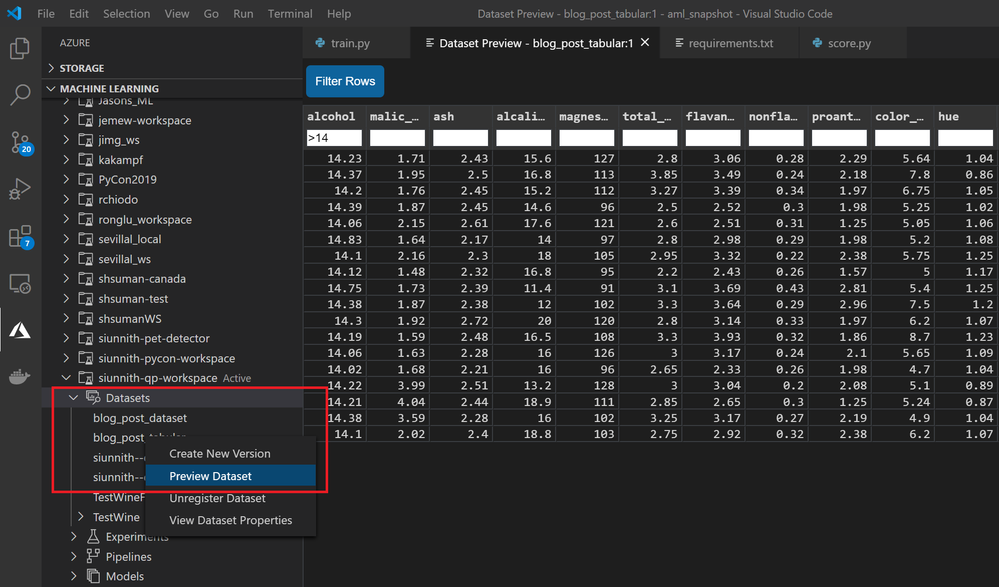 Preview tabular dataset and filter rows.