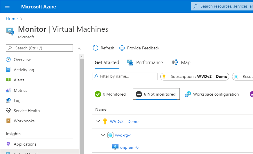 Screenshot of Monitor page in Azure for Virtual Machines