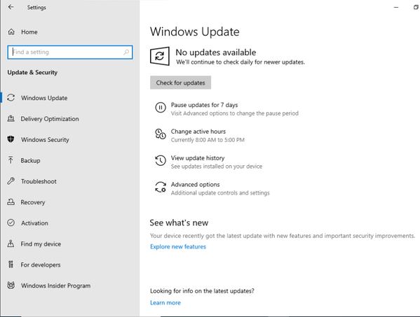 Windows Update Settings page