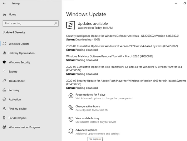 Status of updates as shown on the Windows Update Settings page