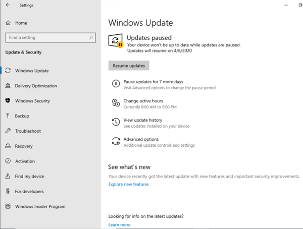 How paused updates appear on the Windows Update Settings page