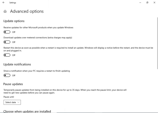 Advanced options for Windows Update settings