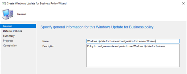 Specifying general information for Windows Update for Business policy in the wizard