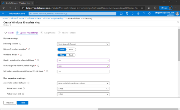 Configuring Windows 10 update ring settings in Intune