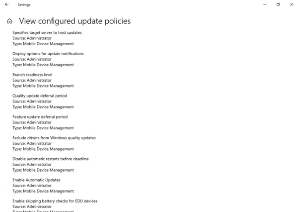 View of screen with Windows Update policies configured by administrator