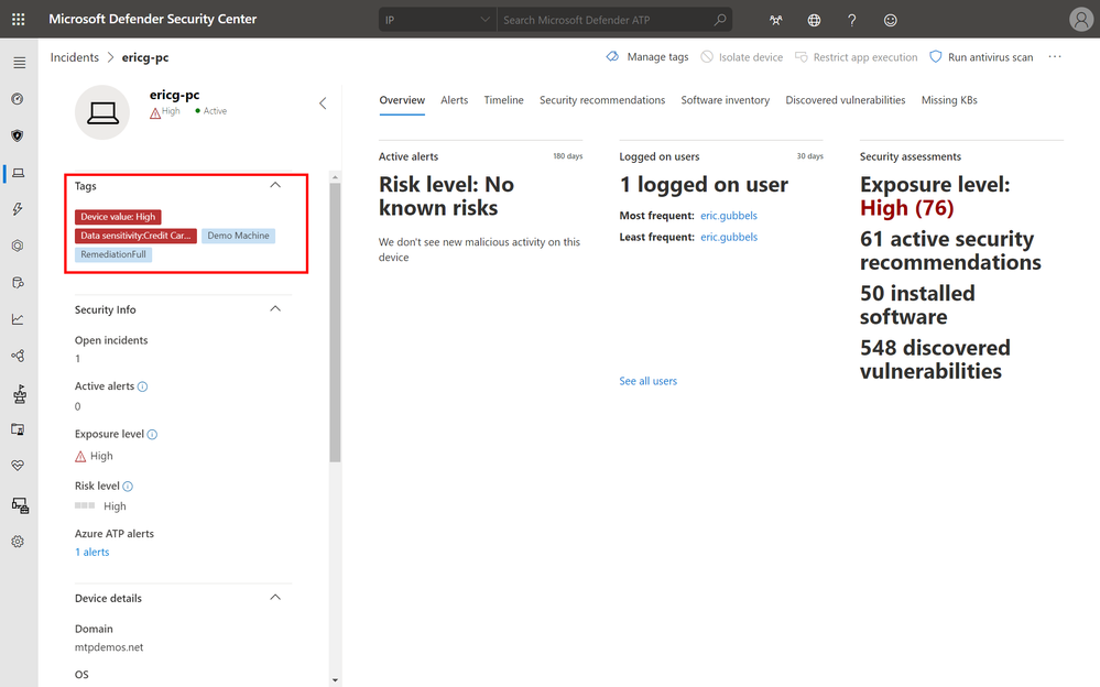 High value asset tag of device from incidents page