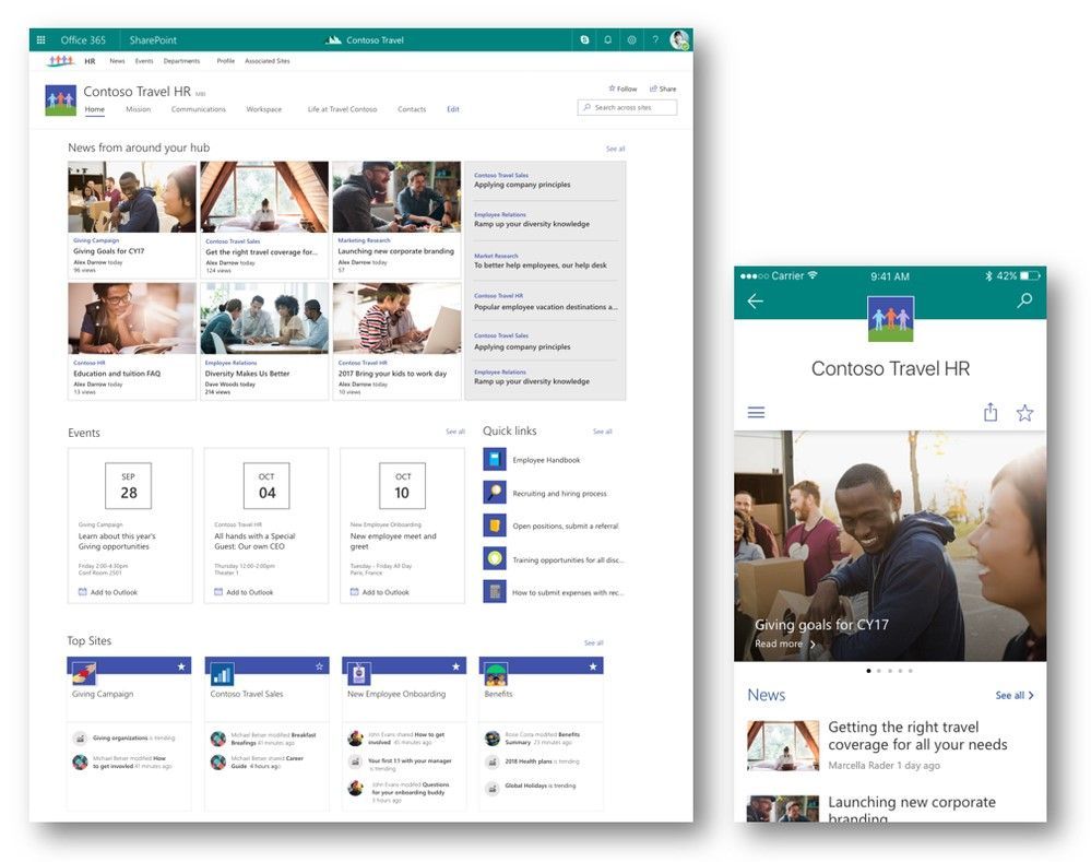 The Contoso Travel HR communication shown here as a part of the HR hub site, Web view on the left, within the SharePoint mobile app on the right.