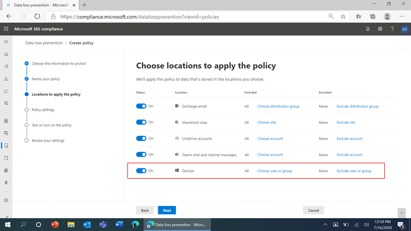 Figure 1: DLP policy location choices (including ‘Devices’) in the Microsoft 365 compliance center