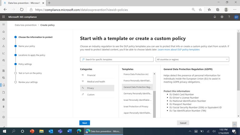 Figure 1: Easy policy configuration in the Microsoft 365 Compliance Center