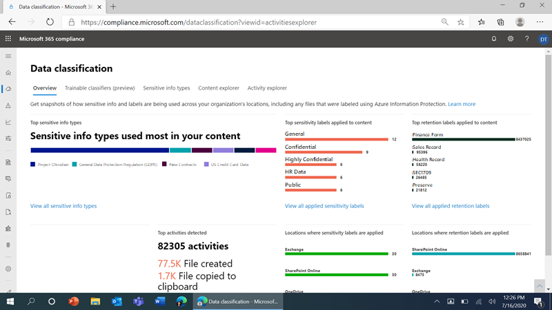 Figure 6: Microsoft 365 compliance center view of sensitive data activity including device telemetry