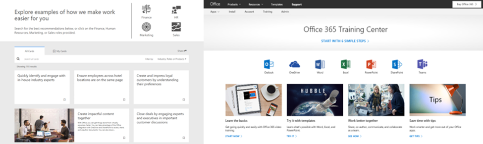 The Microsoft 365 Productivity Library and the Office 365 Training Center help users discover and learn how to work in new ways