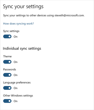 Sync settings options in Windows 10