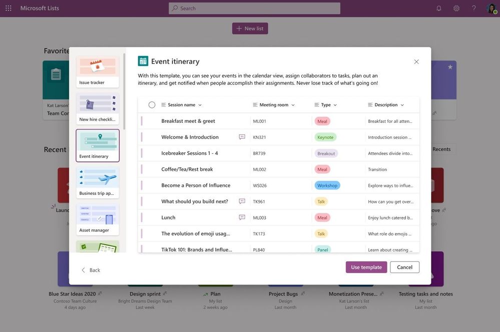 Use ready-made templates as you create new lists - above shows the preview when using the Event itinerary template.