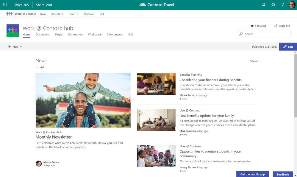 SharePoint hub sites new in Office 365