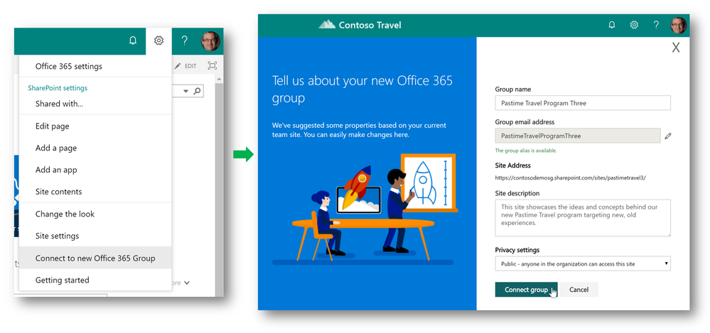 Site owners can connect existing team sites to new Office 365 Groups.