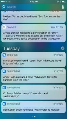SharePoint news notifications appear in your notification tray and take you right to the full news article within the SharePoint mobile app.