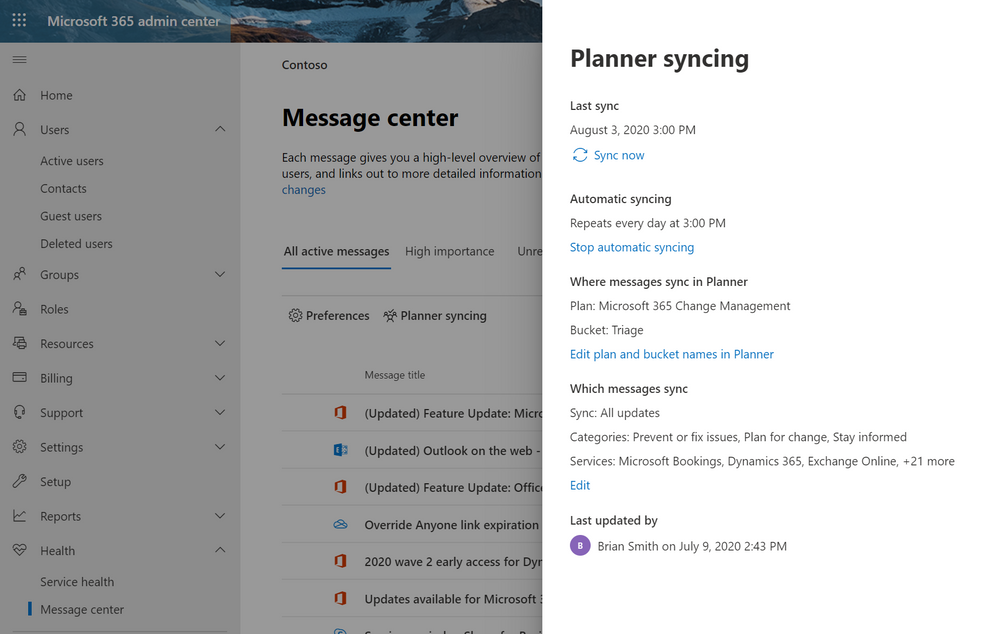 The Message Center pane showing the Planner integration settings