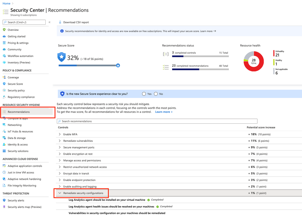 Remediate security configurations Security Control in Azure Security Center