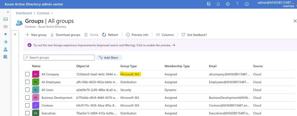 Microsoft 365 Groups as a group type in the Azure Active Directory portal