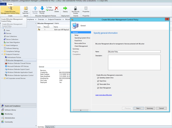 Creating a new BitLocker Management Control Policy to manage BitLocker on the Configuration Manager managed devices