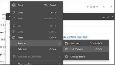 Jump list options from right-click, hovering over "Paste as" to show new options for pasting, "Plain text", "Link (Default)", and "Change default".